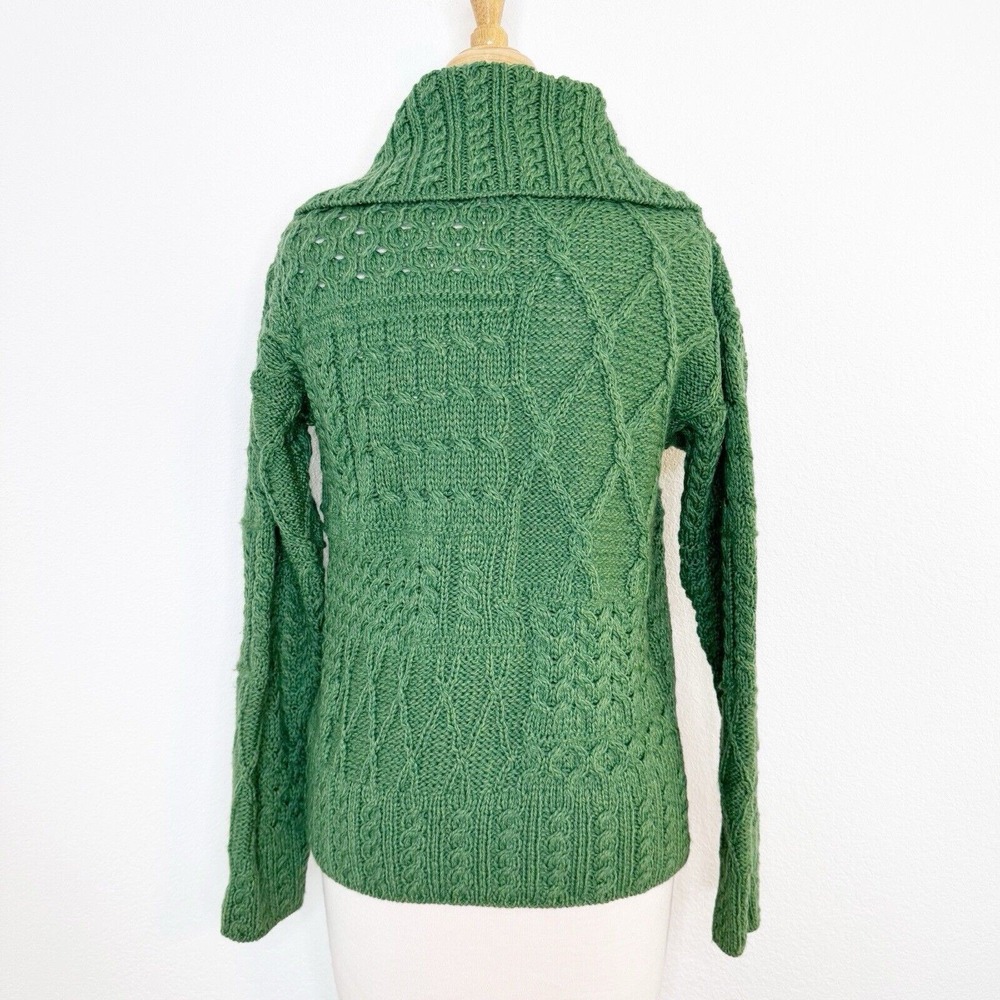 Carraig Donn Womens Merino Wool Aran Irish Wrap Sweater Size‎ XS Green Fisherman - Picture 11 of 12